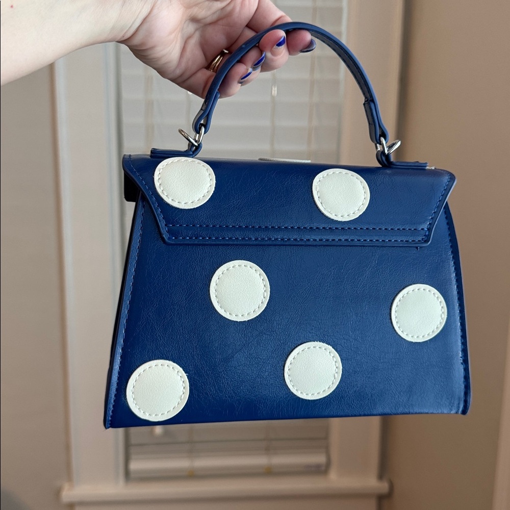 Melie Bianco Anthropologie Navy Blue Mini Top-Handle Bag with Cream Polka Dots - Picture 2 of 10